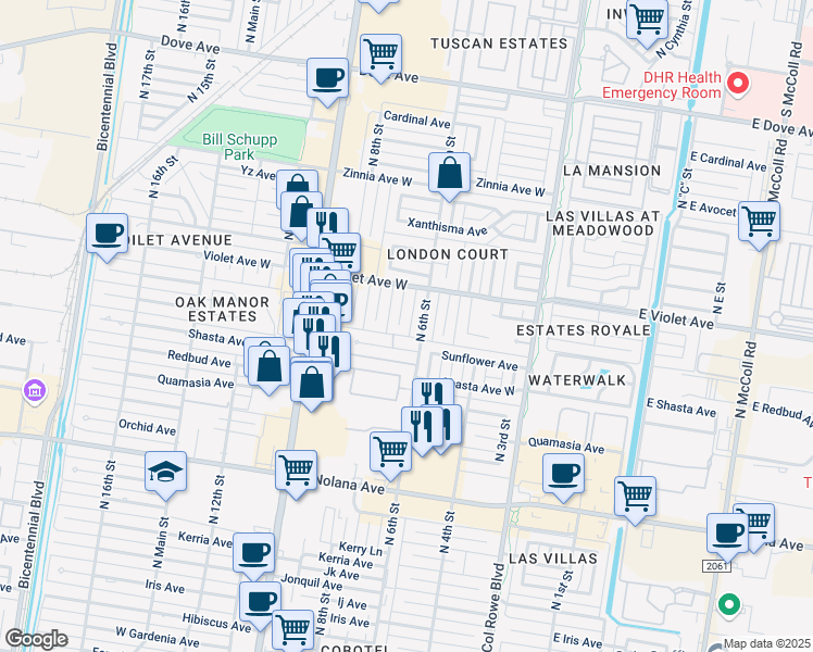 map of restaurants, bars, coffee shops, grocery stores, and more near 516 Sunflower Avenue in McAllen