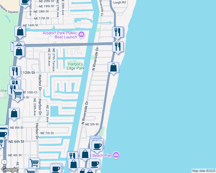 map of restaurants, bars, coffee shops, grocery stores, and more near 723 North Ocean Boulevard in Pompano Beach
