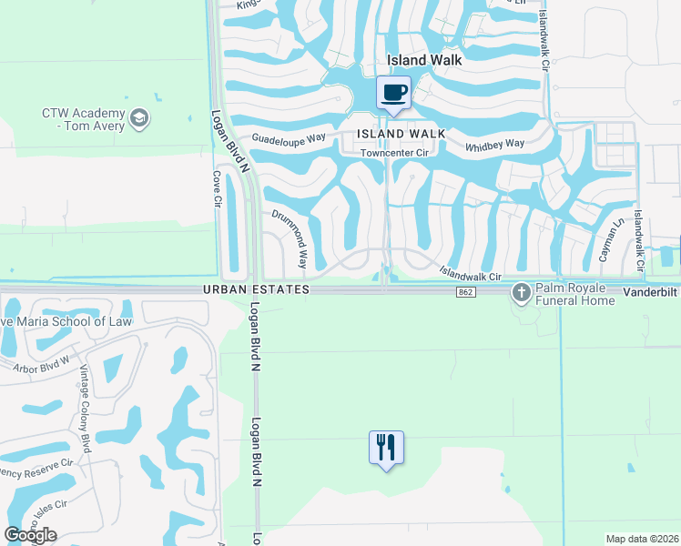 map of restaurants, bars, coffee shops, grocery stores, and more near 6092 Andros Way in Naples