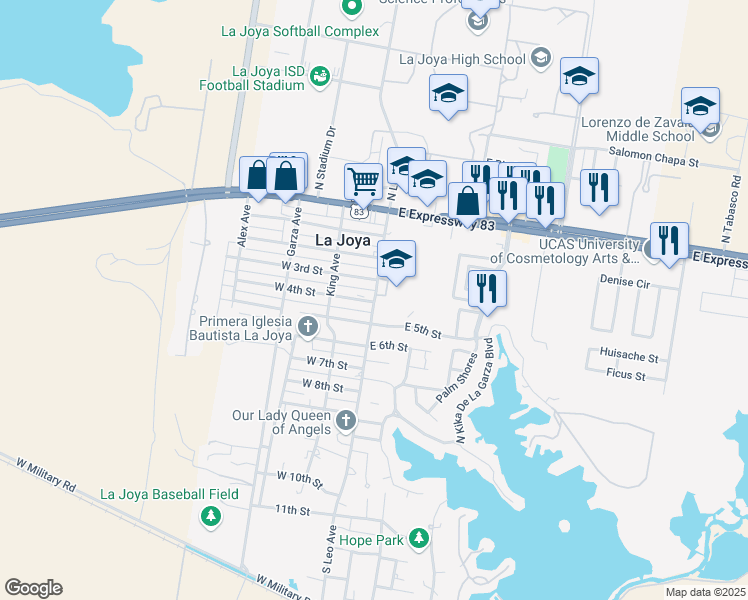 map of restaurants, bars, coffee shops, grocery stores, and more near Leo Avenue in La Joya