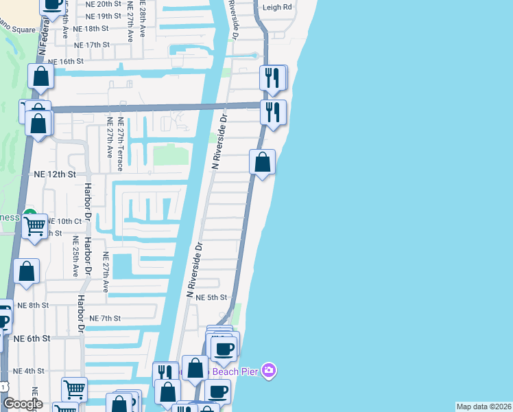 map of restaurants, bars, coffee shops, grocery stores, and more near 730 North Ocean Boulevard in Pompano Beach