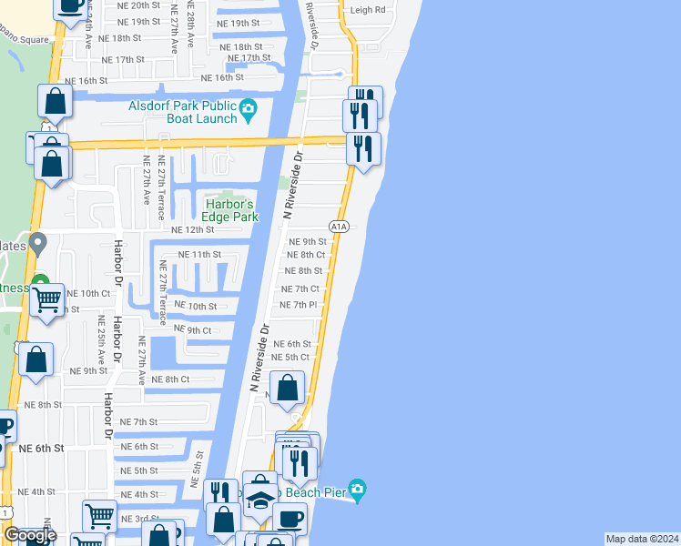 map of restaurants, bars, coffee shops, grocery stores, and more near 730 North Ocean Boulevard in Pompano Beach