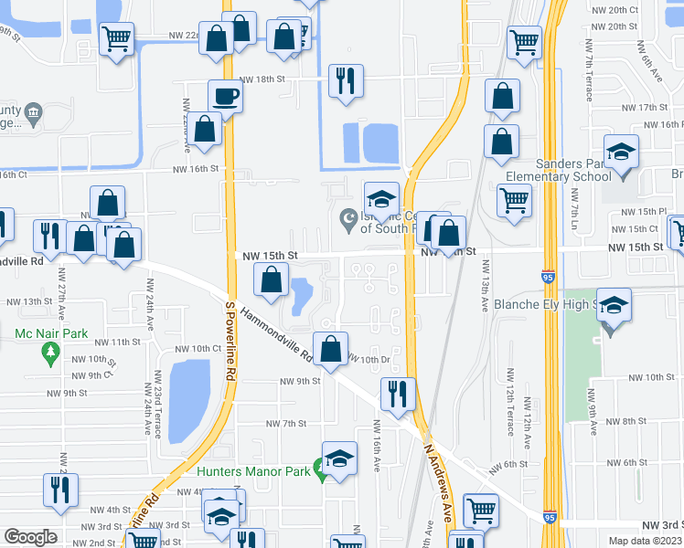 map of restaurants, bars, coffee shops, grocery stores, and more near 1351 Northwest 18th Drive in Pompano Beach