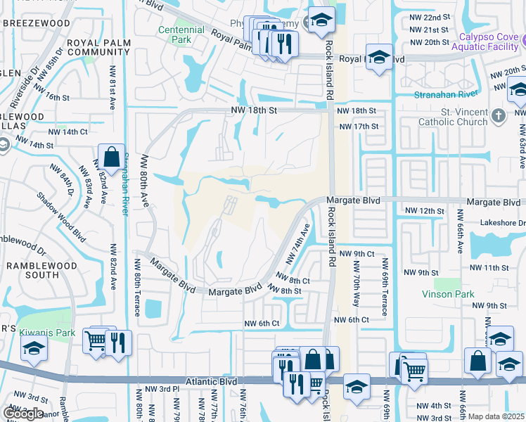 map of restaurants, bars, coffee shops, grocery stores, and more near 627 Golf Circle Drive in Margate