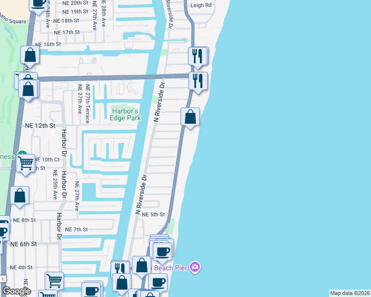 map of restaurants, bars, coffee shops, grocery stores, and more near 750 North Ocean Boulevard in Pompano Beach