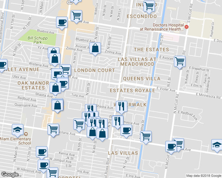 map of restaurants, bars, coffee shops, grocery stores, and more near 217 Ulex Avenue in McAllen