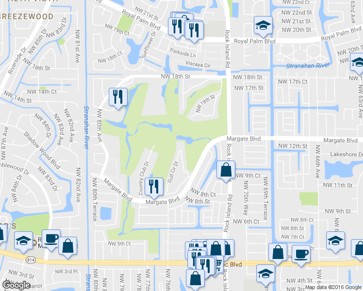 map of restaurants, bars, coffee shops, grocery stores, and more near 627 Golf Circle Drive in Margate