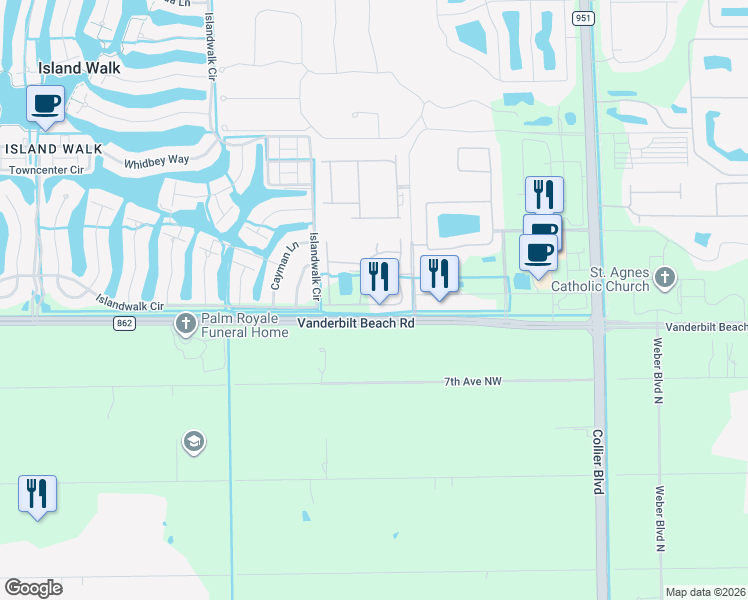 map of restaurants, bars, coffee shops, grocery stores, and more near 295 Vanderbilt Beach Road in Naples