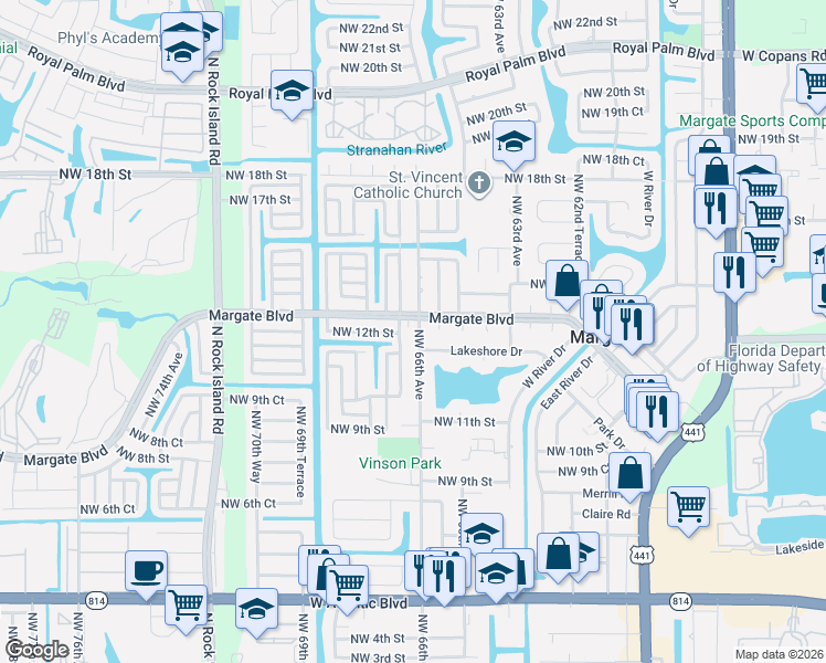 map of restaurants, bars, coffee shops, grocery stores, and more near 1405 Northwest 66th Avenue in Margate