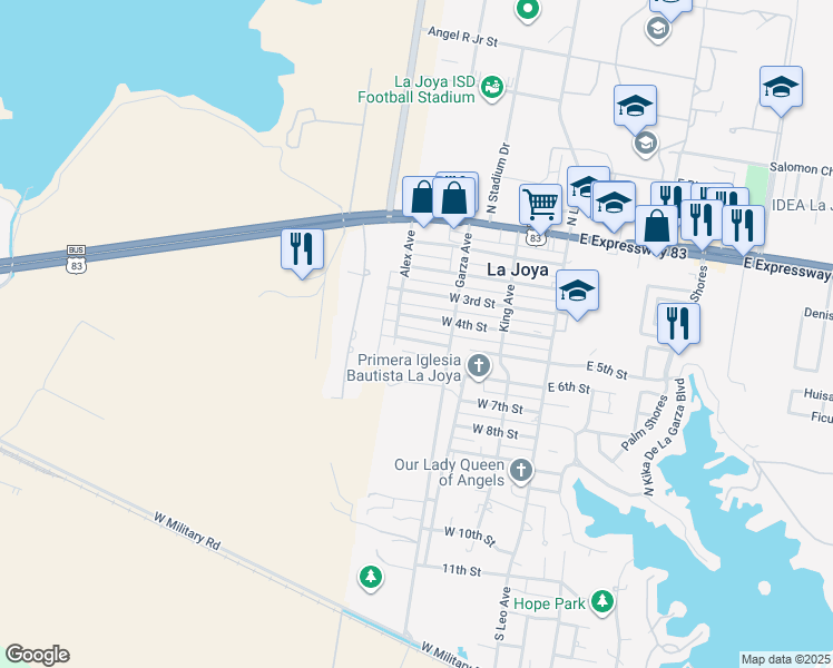 map of restaurants, bars, coffee shops, grocery stores, and more near 336 West 4th Street in La Joya