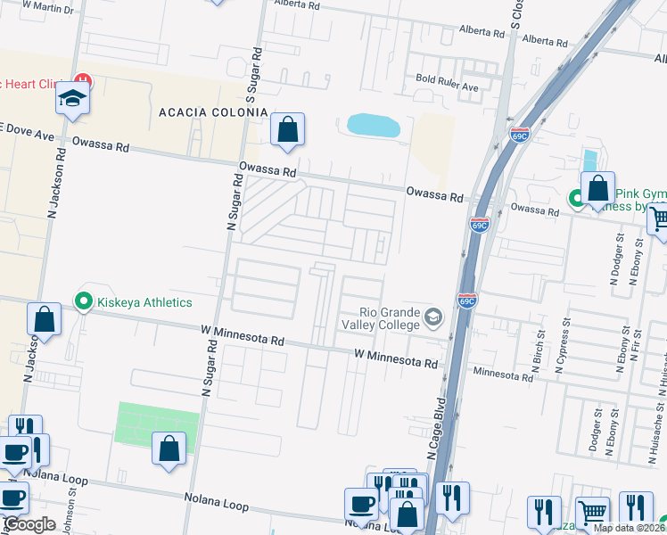 map of restaurants, bars, coffee shops, grocery stores, and more near Klaus in Pharr
