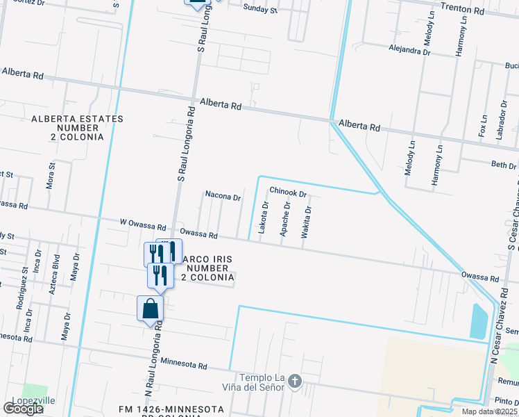 map of restaurants, bars, coffee shops, grocery stores, and more near 5511 Lakota Drive in Edinburg