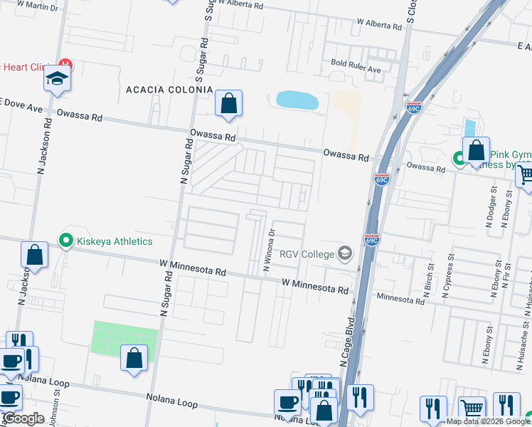 map of restaurants, bars, coffee shops, grocery stores, and more near Klaus in Pharr