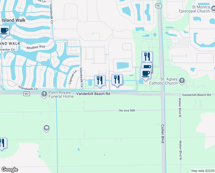 map of restaurants, bars, coffee shops, grocery stores, and more near 7205 Vanderbilt Way in Naples