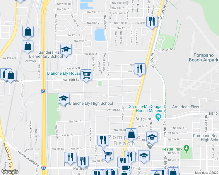 map of restaurants, bars, coffee shops, grocery stores, and more near 1441 Northwest 3rd Avenue in Pompano Beach