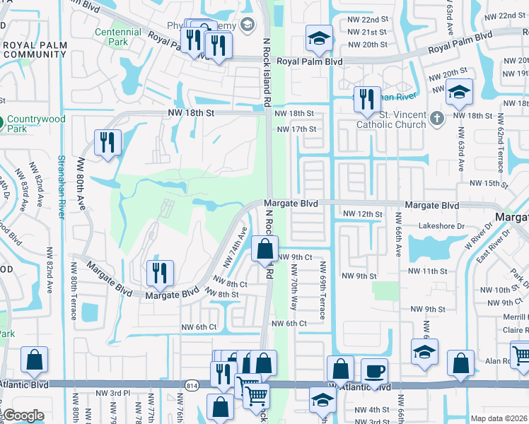 map of restaurants, bars, coffee shops, grocery stores, and more near 1215 North Rock Island Road in Margate