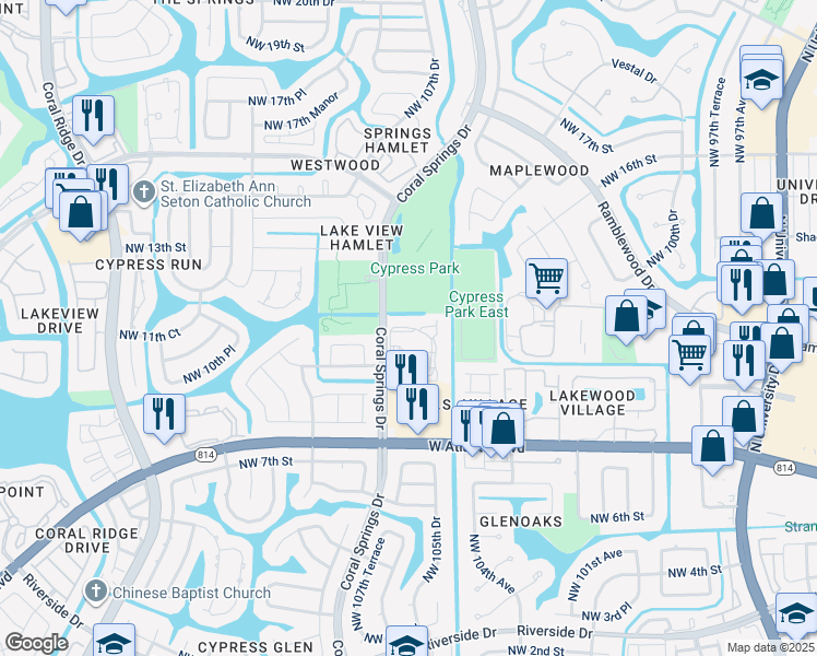 map of restaurants, bars, coffee shops, grocery stores, and more near 12 Coral Club Drive in Coral Springs