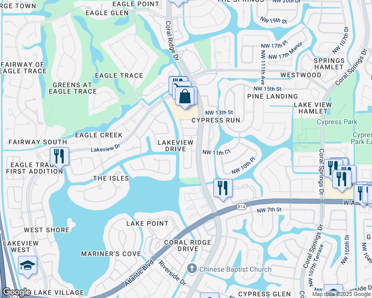 map of restaurants, bars, coffee shops, grocery stores, and more near 1175 Northwest 116th Avenue in Coral Springs