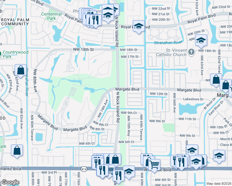 map of restaurants, bars, coffee shops, grocery stores, and more near 1195 North Rock Island Road in Margate