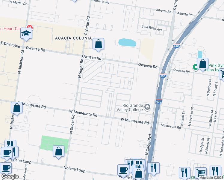map of restaurants, bars, coffee shops, grocery stores, and more near Klaus in Pharr