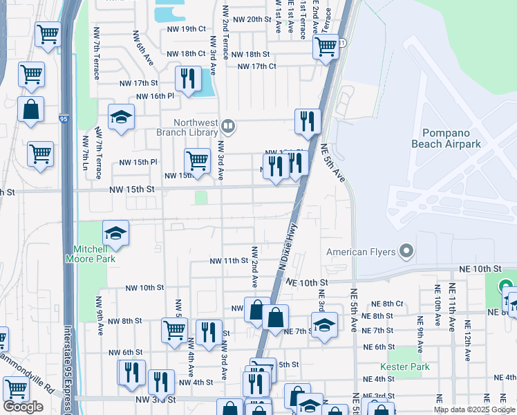 map of restaurants, bars, coffee shops, grocery stores, and more near 160 Northwest 14th Street in Pompano Beach