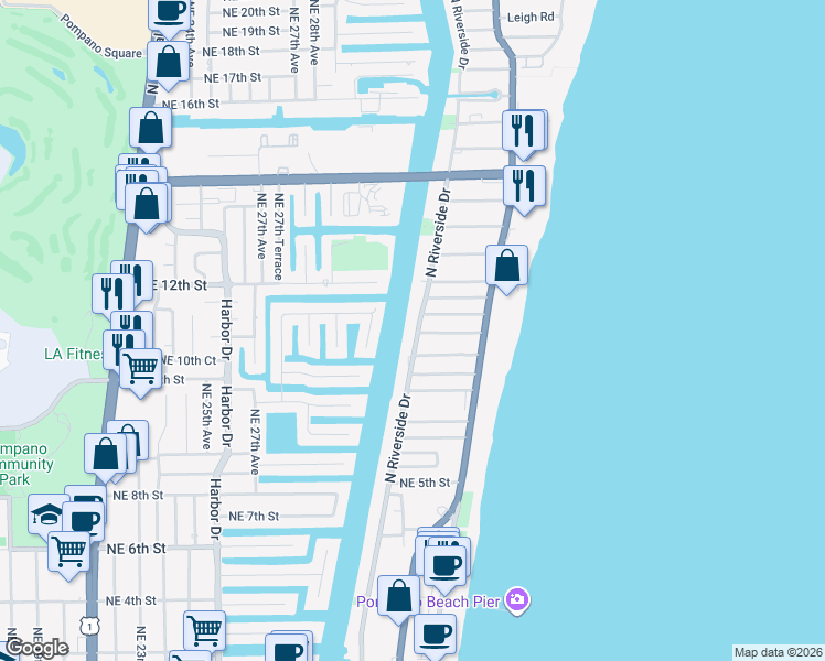 map of restaurants, bars, coffee shops, grocery stores, and more near 801 North Riverside Drive in Pompano Beach