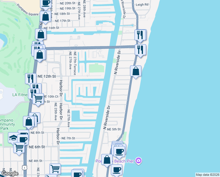 map of restaurants, bars, coffee shops, grocery stores, and more near 801 North Riverside Drive in Pompano Beach