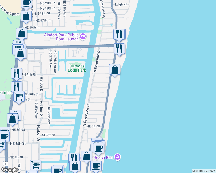map of restaurants, bars, coffee shops, grocery stores, and more near 12 Northeast 8th Court in Pompano Beach
