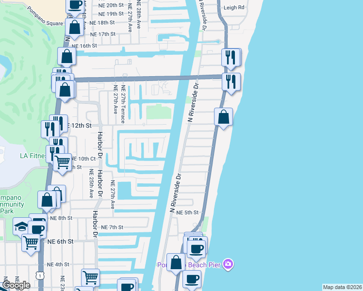 map of restaurants, bars, coffee shops, grocery stores, and more near 1100 Northeast 28th Terrace in Pompano Beach