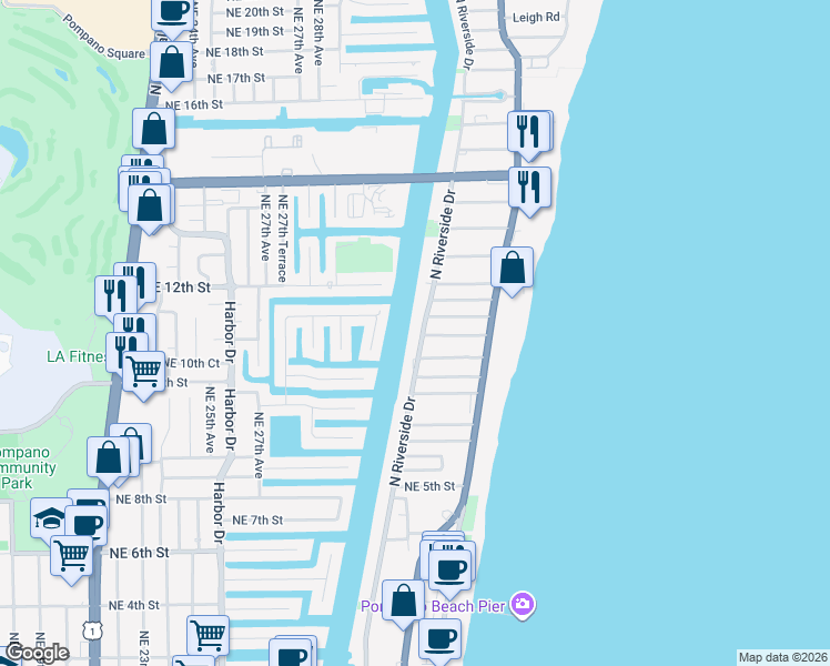 map of restaurants, bars, coffee shops, grocery stores, and more near 1100 Northeast 28th Terrace in Pompano Beach