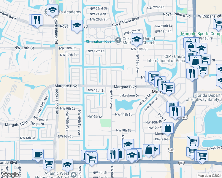 map of restaurants, bars, coffee shops, grocery stores, and more near 1405 Northwest 66th Avenue in Margate