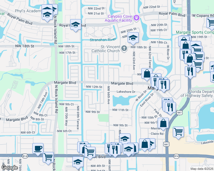 map of restaurants, bars, coffee shops, grocery stores, and more near 1405 Northwest 66th Avenue in Margate