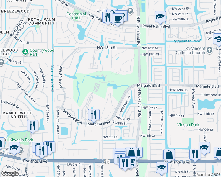 map of restaurants, bars, coffee shops, grocery stores, and more near 7807 Golf Circle Drive in Margate