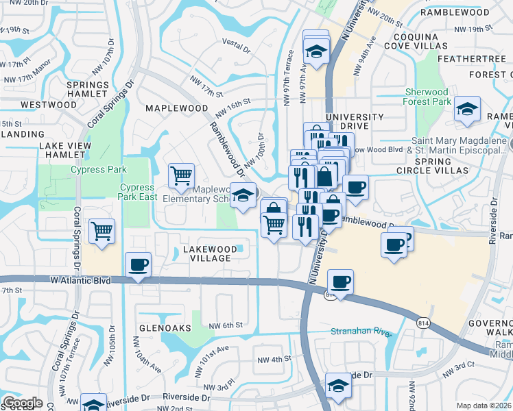 map of restaurants, bars, coffee shops, grocery stores, and more near 9861 Ramblewood Drive in Coral Springs
