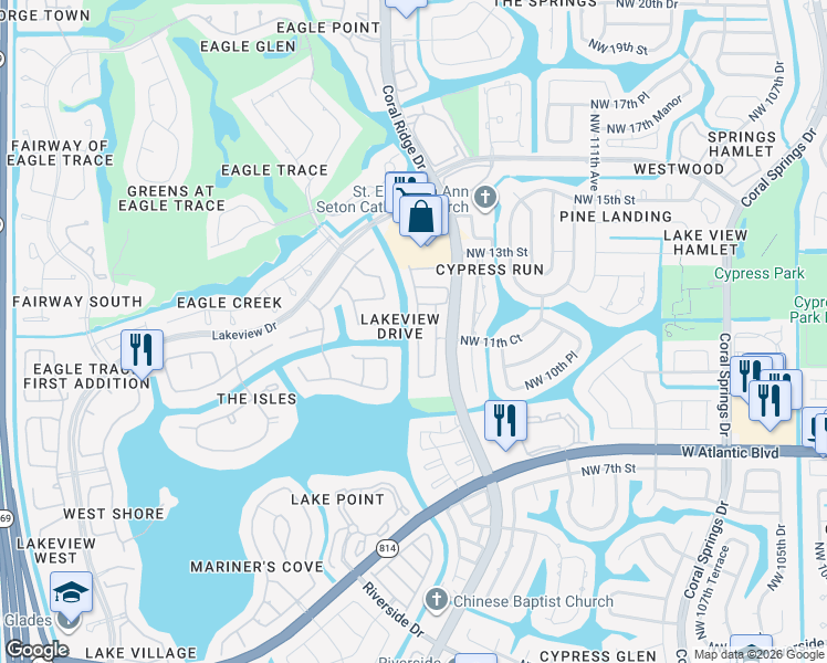 map of restaurants, bars, coffee shops, grocery stores, and more near 1156 Northwest 117th Avenue in Coral Springs