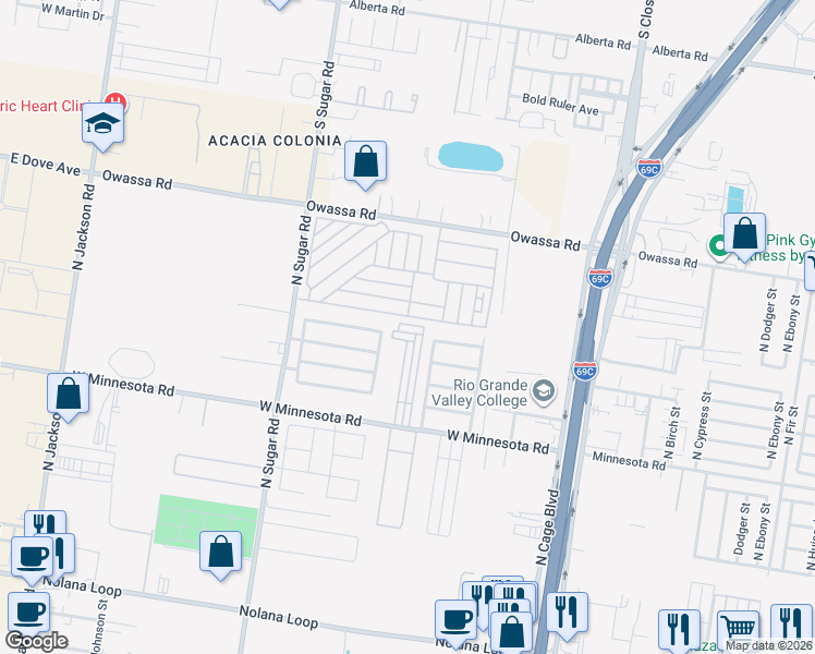 map of restaurants, bars, coffee shops, grocery stores, and more near Klaus in Pharr