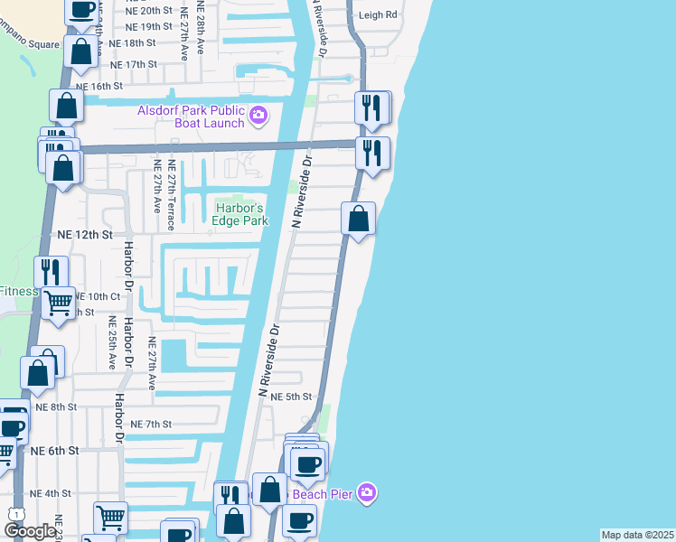 map of restaurants, bars, coffee shops, grocery stores, and more near 12 Northeast 8th Court in Pompano Beach