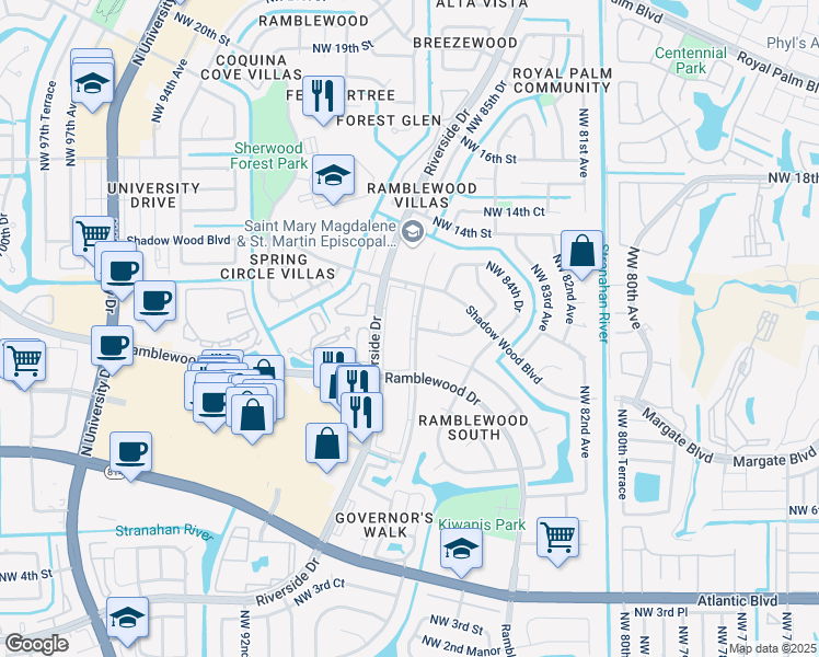 map of restaurants, bars, coffee shops, grocery stores, and more near 1239 Northwest 87th Avenue in Coral Springs