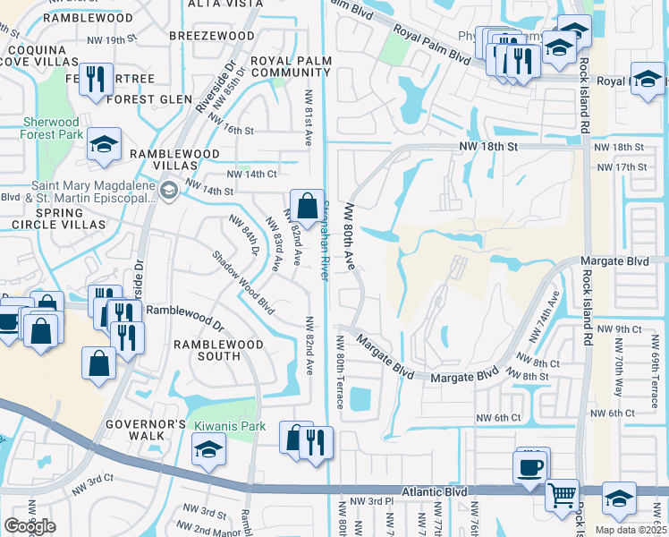 map of restaurants, bars, coffee shops, grocery stores, and more near 8091 Northwest 13th Street in Margate