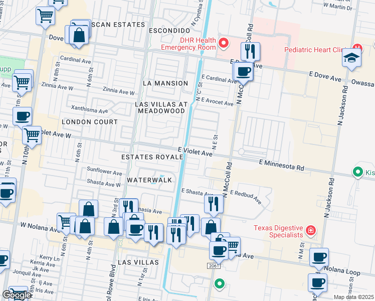 map of restaurants, bars, coffee shops, grocery stores, and more near North C Street in McAllen