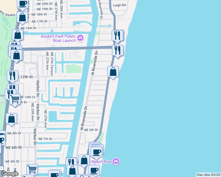 map of restaurants, bars, coffee shops, grocery stores, and more near 758 North Ocean Boulevard in Pompano Beach