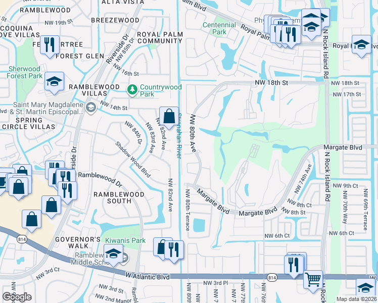 map of restaurants, bars, coffee shops, grocery stores, and more near 8090 Northwest 13th Street in Margate
