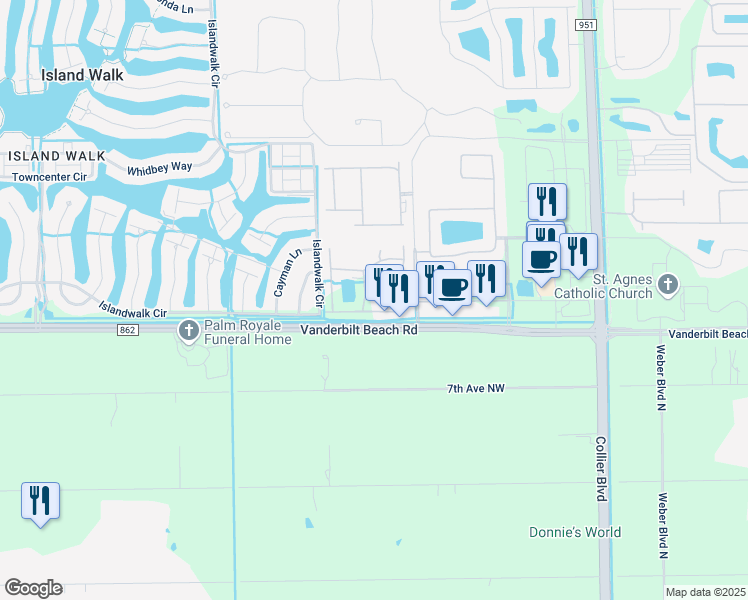 map of restaurants, bars, coffee shops, grocery stores, and more near 7373 Vanderbilt Beach Road in Naples