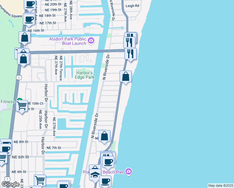 map of restaurants, bars, coffee shops, grocery stores, and more near 12 Northeast 8th Court in Pompano Beach