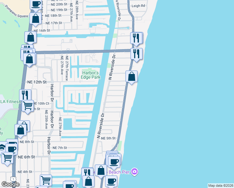 map of restaurants, bars, coffee shops, grocery stores, and more near 12 Northeast 8th Court in Pompano Beach