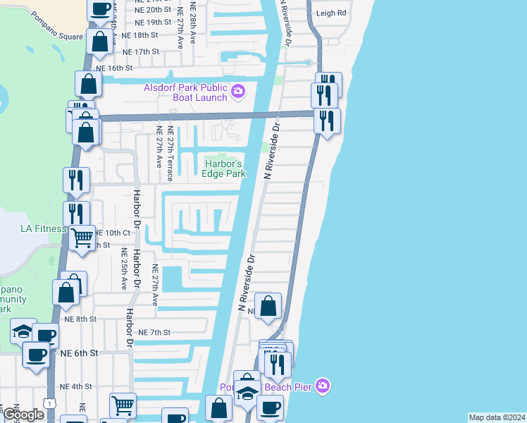 map of restaurants, bars, coffee shops, grocery stores, and more near in Pompano Beach