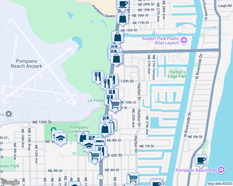 map of restaurants, bars, coffee shops, grocery stores, and more near 1161 Northeast 24th Avenue in Pompano Beach