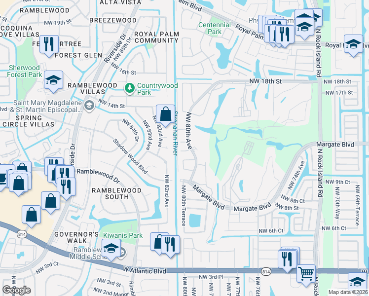map of restaurants, bars, coffee shops, grocery stores, and more near 8090 Northwest 13th Street in Margate