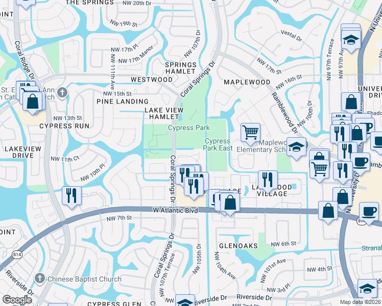 map of restaurants, bars, coffee shops, grocery stores, and more near 12 Coral Club Drive in Coral Springs