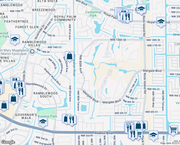 map of restaurants, bars, coffee shops, grocery stores, and more near 1200 Northwest 80th Avenue in Margate